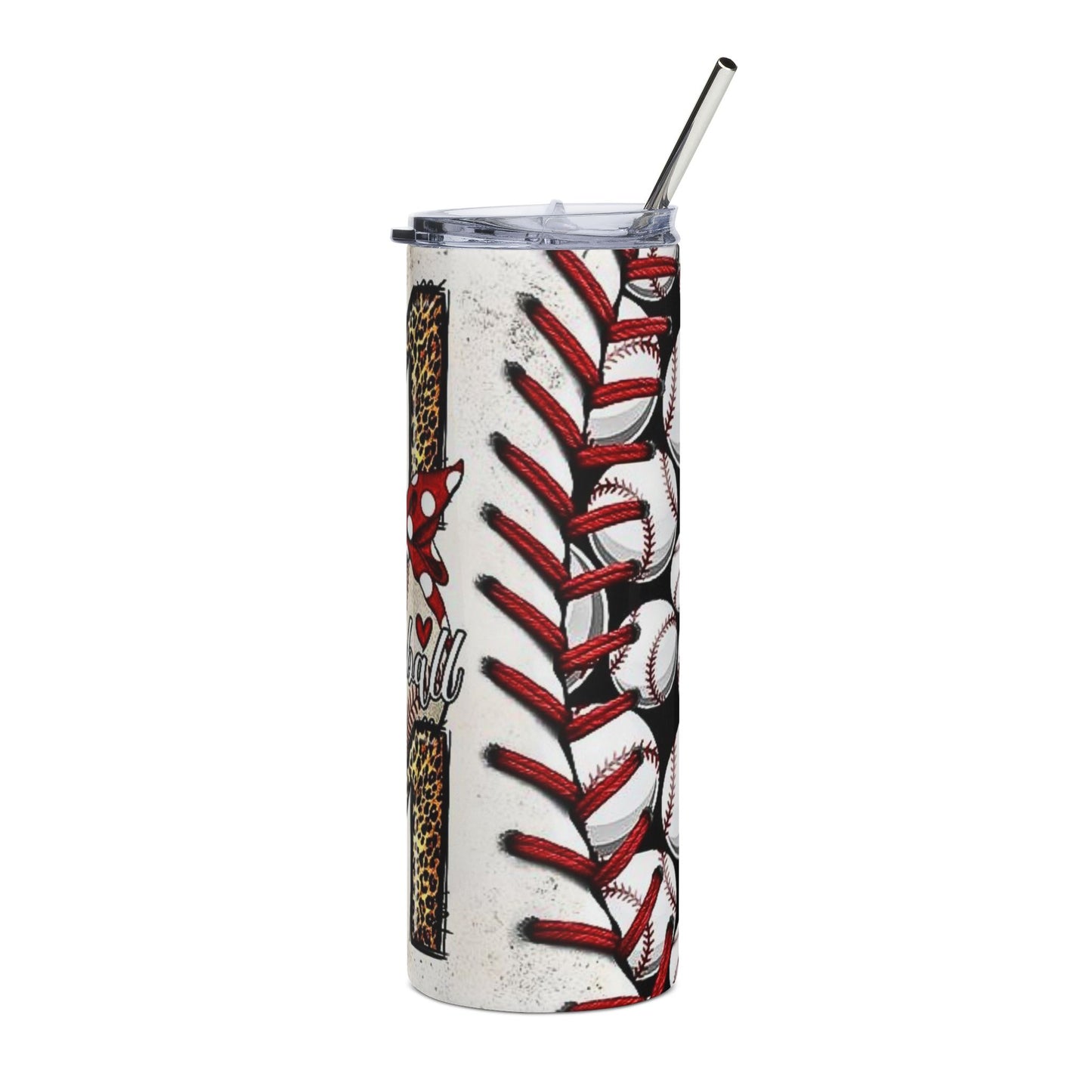 Baseball Mom 20oz Stainless Steel Tumbler — Leopard Print, Polka Dot Bow Design