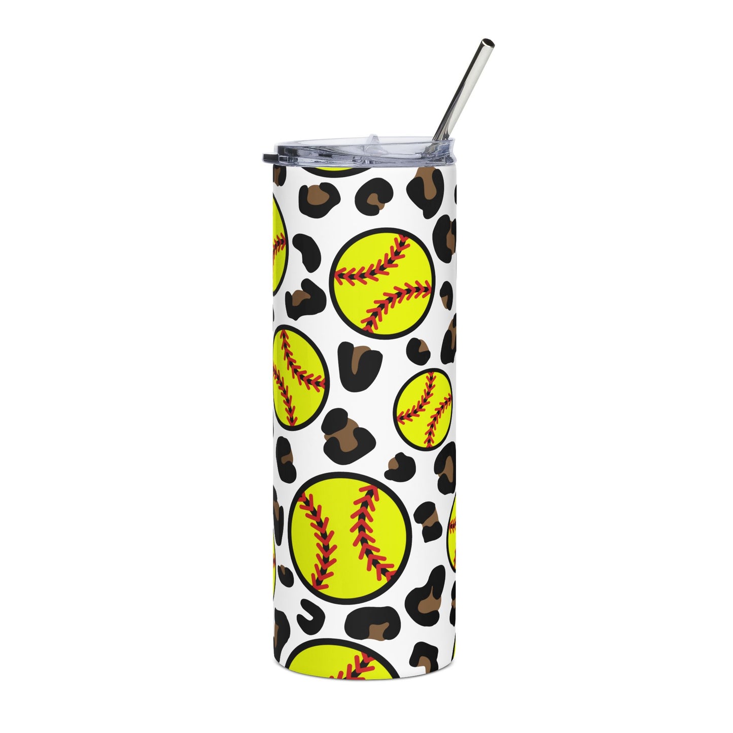 20oz Stainless Tumbler – Leopard Softball Print (Yellow Softball Pattern)