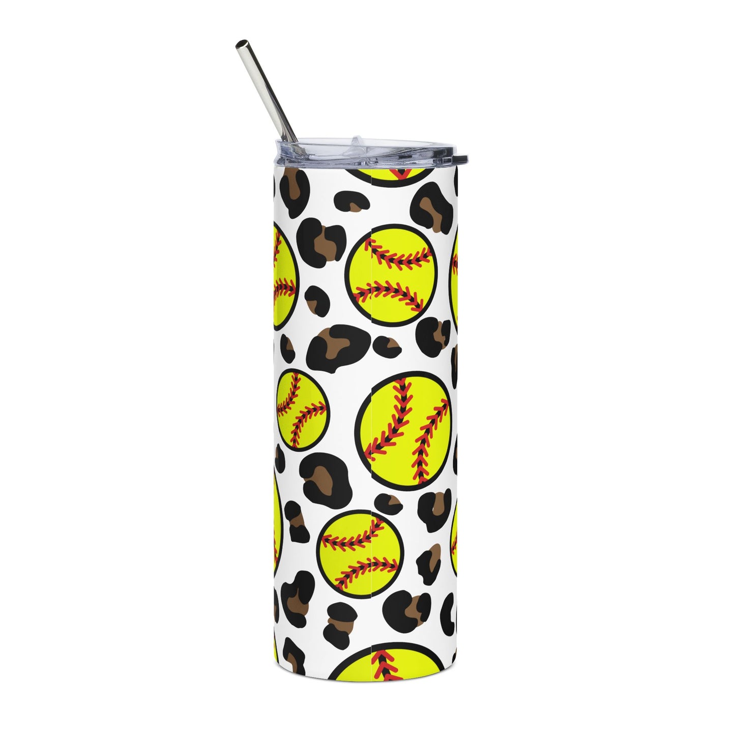 20oz Stainless Tumbler – Leopard Softball Print (Yellow Softball Pattern)
