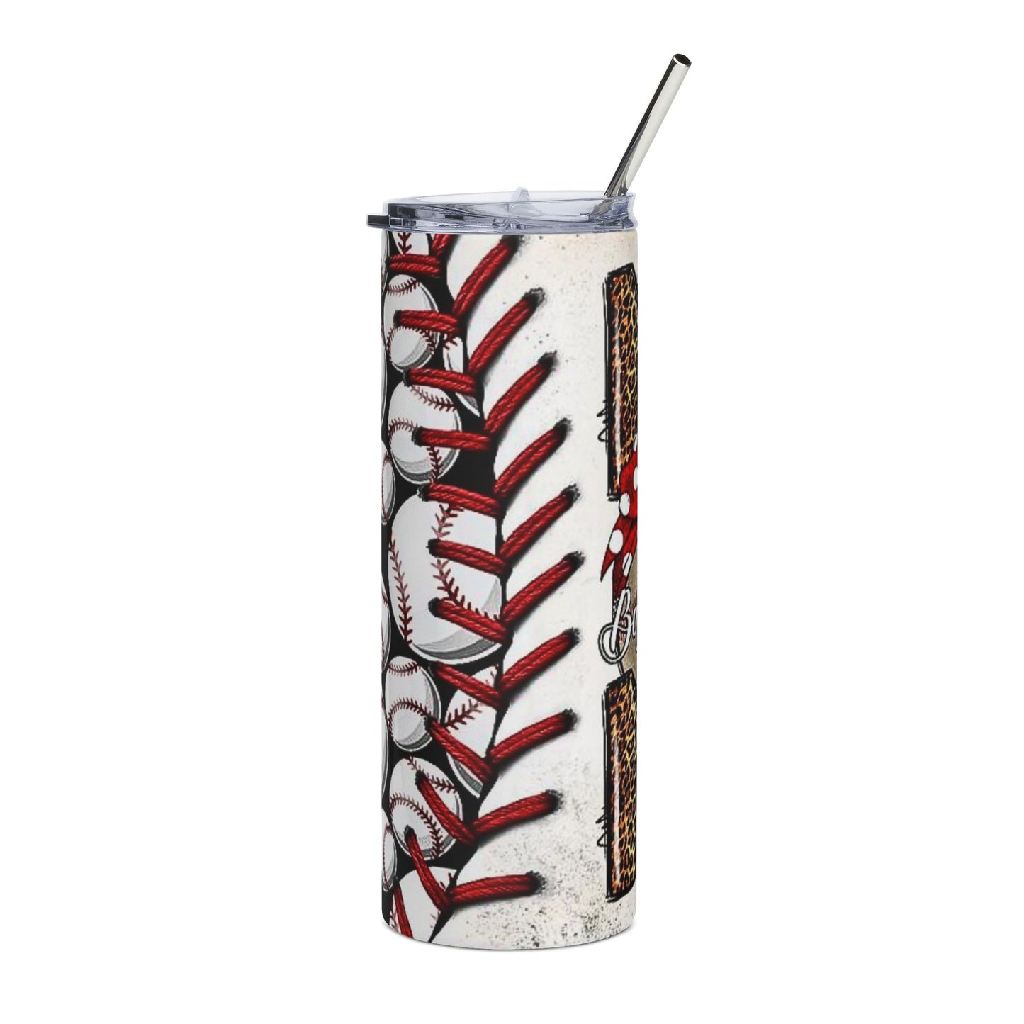 Baseball Mom 20oz Stainless Steel Tumbler — Leopard Print, Polka Dot Bow Design