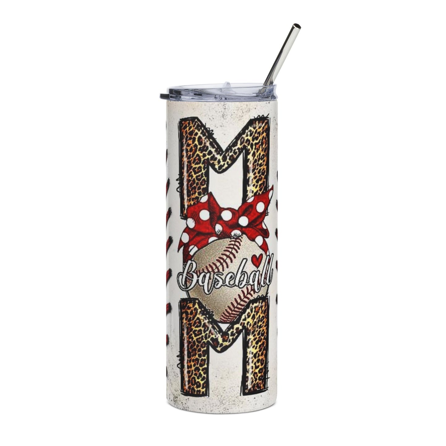 Baseball Mom 20oz Stainless Steel Tumbler — Leopard Print, Polka Dot Bow Design