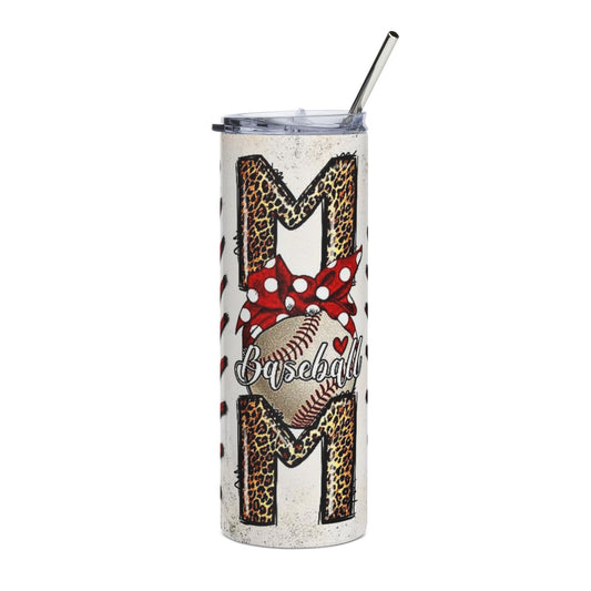 Baseball Mom 20oz Stainless Steel Tumbler — Leopard Print, Polka Dot Bow Design