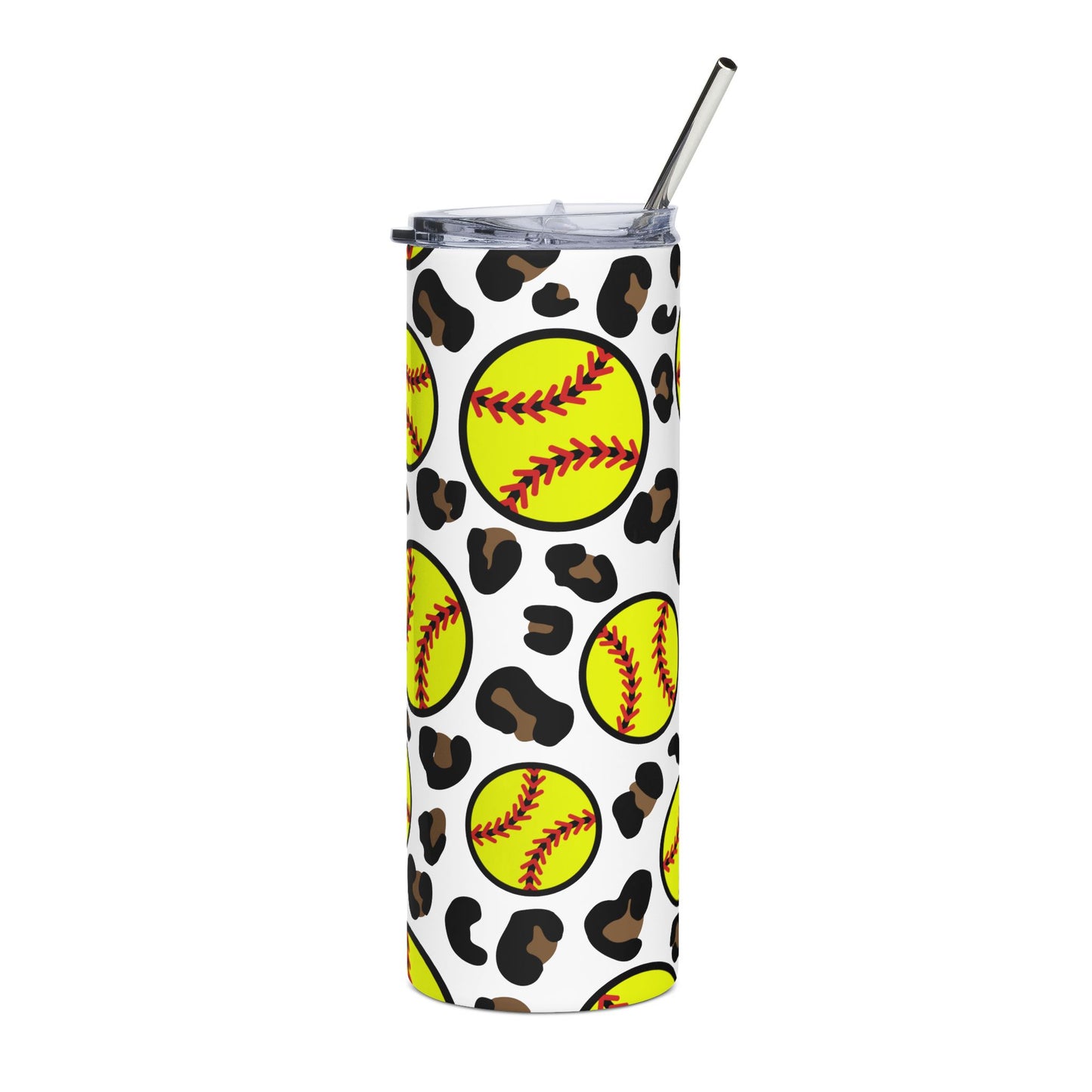 20oz Stainless Tumbler – Leopard Softball Print (Yellow Softball Pattern)