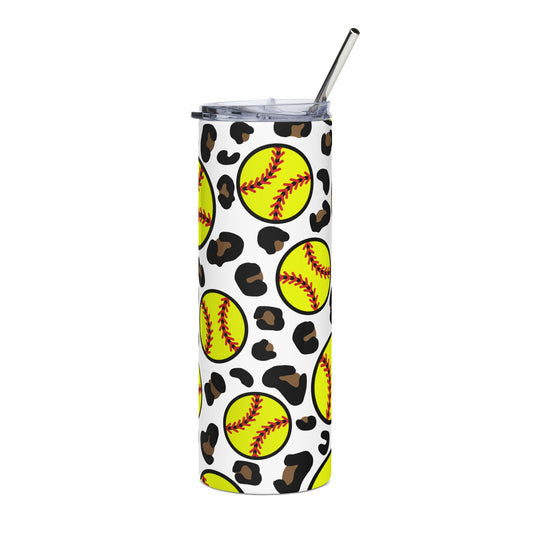 20oz Stainless Tumbler – Leopard Softball Print (Yellow Softball Pattern)